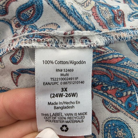NWT Terra & Sky Peasant Top Paisley Print Ruffle Sleeve Plus 3X Blue Square Neck - Picture 11 of 15